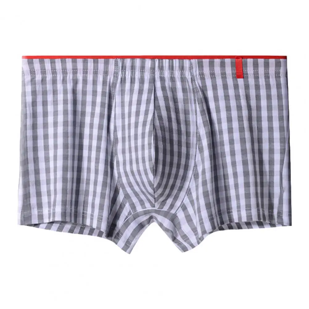 Men Boxer Underwear Mid-rise Elastic Waistband Plaid Print Shorts Brief U-Convex Breathable Panties Loose Pants Sleep Underpants