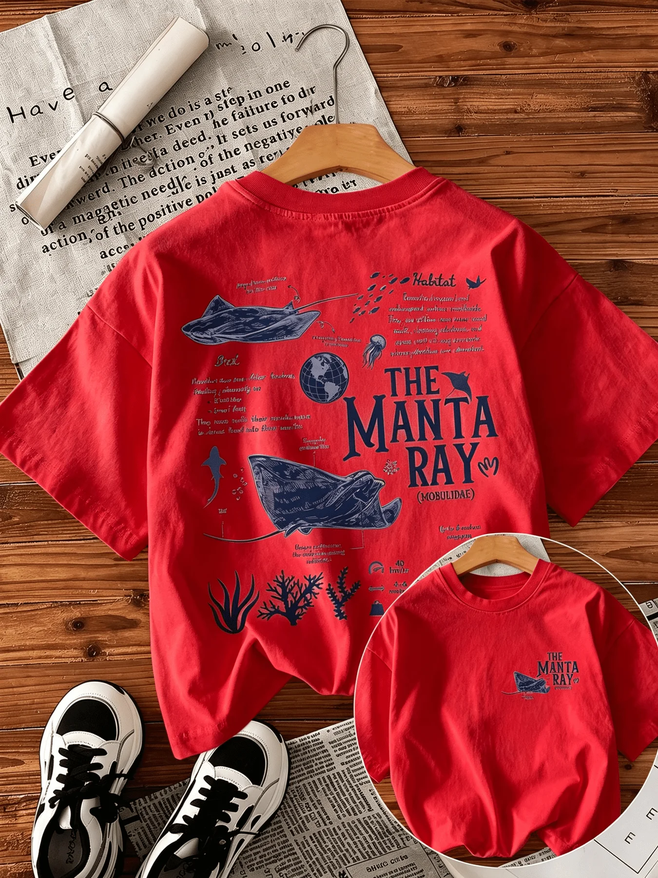 Manta-Rochen-Meerbiologie-Wissenschaftsbildungs-Print Damen Kurzarm-T-Shirt Sommer Neu Rundhals Locker Lässiges Oberteil – Detail 7