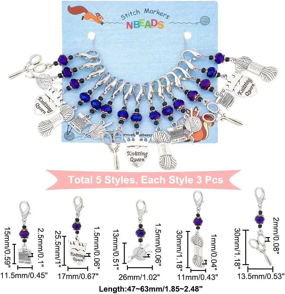 15Pc Knitting Stitch Markers 5Styles Antique Silver Alloy Crochet Stitch Marker Charms Removable Lobster Clasp Locking Stitch