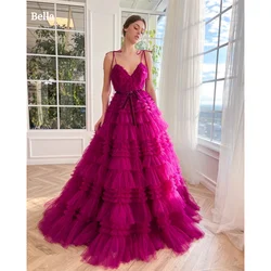 Bella Purple Tulle robes de soirée Spaghetti Strap A-line Multilayer Prom Dresses Elegant Sleeveless Floor-length Wedding Dress