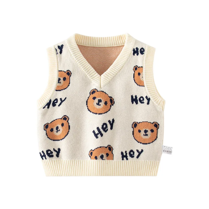 Spring Autumn Baby Boy Pullover Cartoon Bear Embroidery Cotton Toddler Boy Knitwear Pit Striped Fit Knitted Little Boy Waistwear