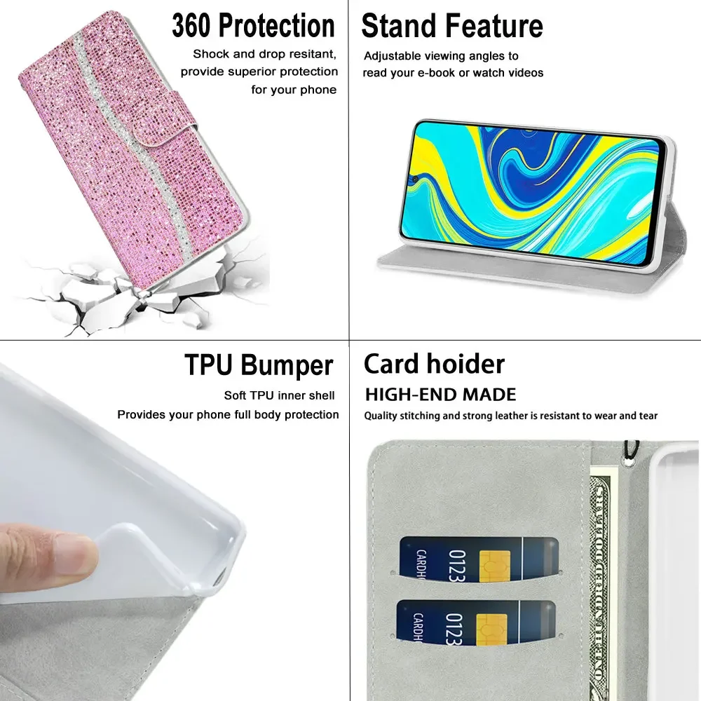 Bling Sparkle Leather Card Coque for Samsung Galaxy S25 Ultra S 25 Edge S25 Plus S24 FE S23 S22 S21 S20 Ultra 22 24 Wallet Case