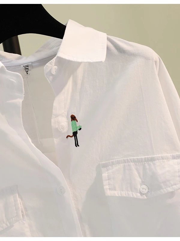 트렌디한 자수 만화 캐릭터 면 린넨 여성용 루즈 캐주얼 화이트 셔츠 한국 스타일 예술적 봄 가을 신상품