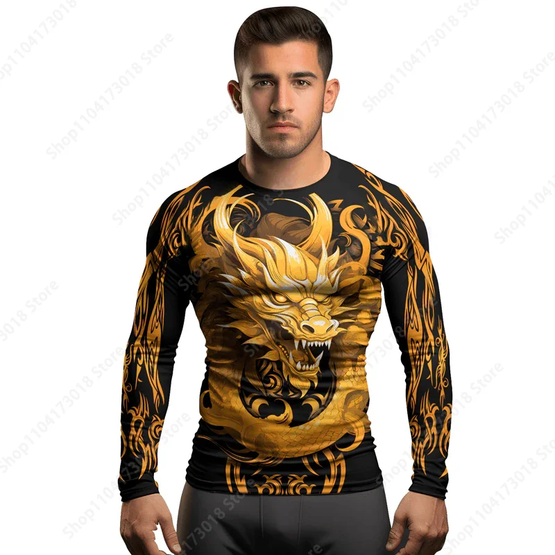 Golden Dragon Majesty Men's Long Sleeve T Shirt for Men and Women Black and Gold Top Fitness Suit Sports Quick Drying Top