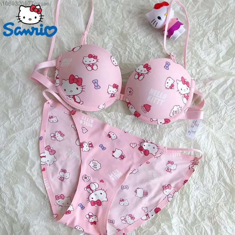 Sanrio Hello Kitty Cute Neck Sling Bras & Panties 2 Pcs Sets for Women Sweet Soft Underwear Briefs Sexy Women\'s Lingerie Suits