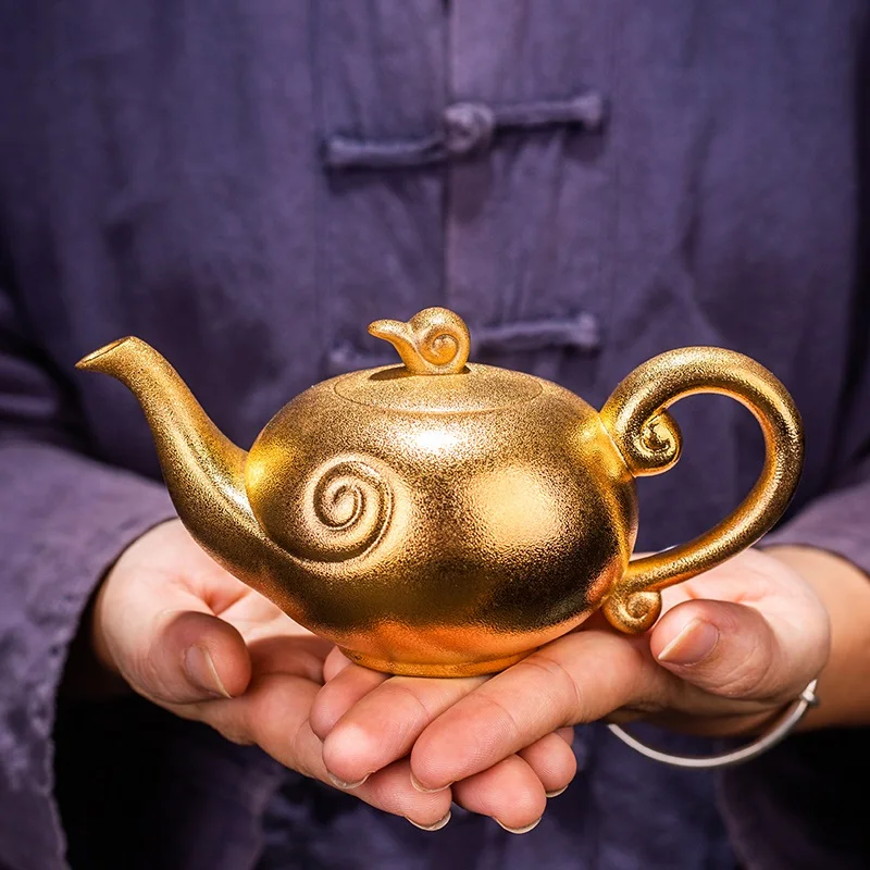 |pure handmade pure gold gilded Xishi teapot household high-grade purple sand teapot ball hole filter Kung Fu Tea Set