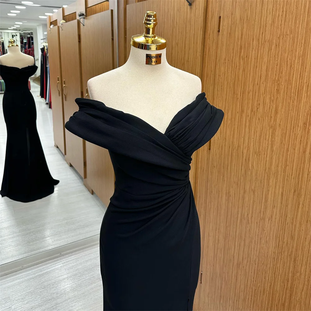 Lily Black V Neck Prom Dress Off the Shoulder Celebrity Dresses Mermaid Women\'s Evening Dresses Stain Pleat Formal Gown 프롬 드레스