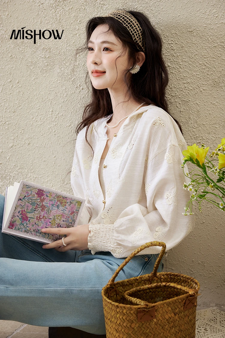 

MISHOW French Spring Blouses Women 2025 New Hooded Long Sleeve Embroidery Lace Chiffon Shirts Woman Sunscreen Thin MXE15W0763