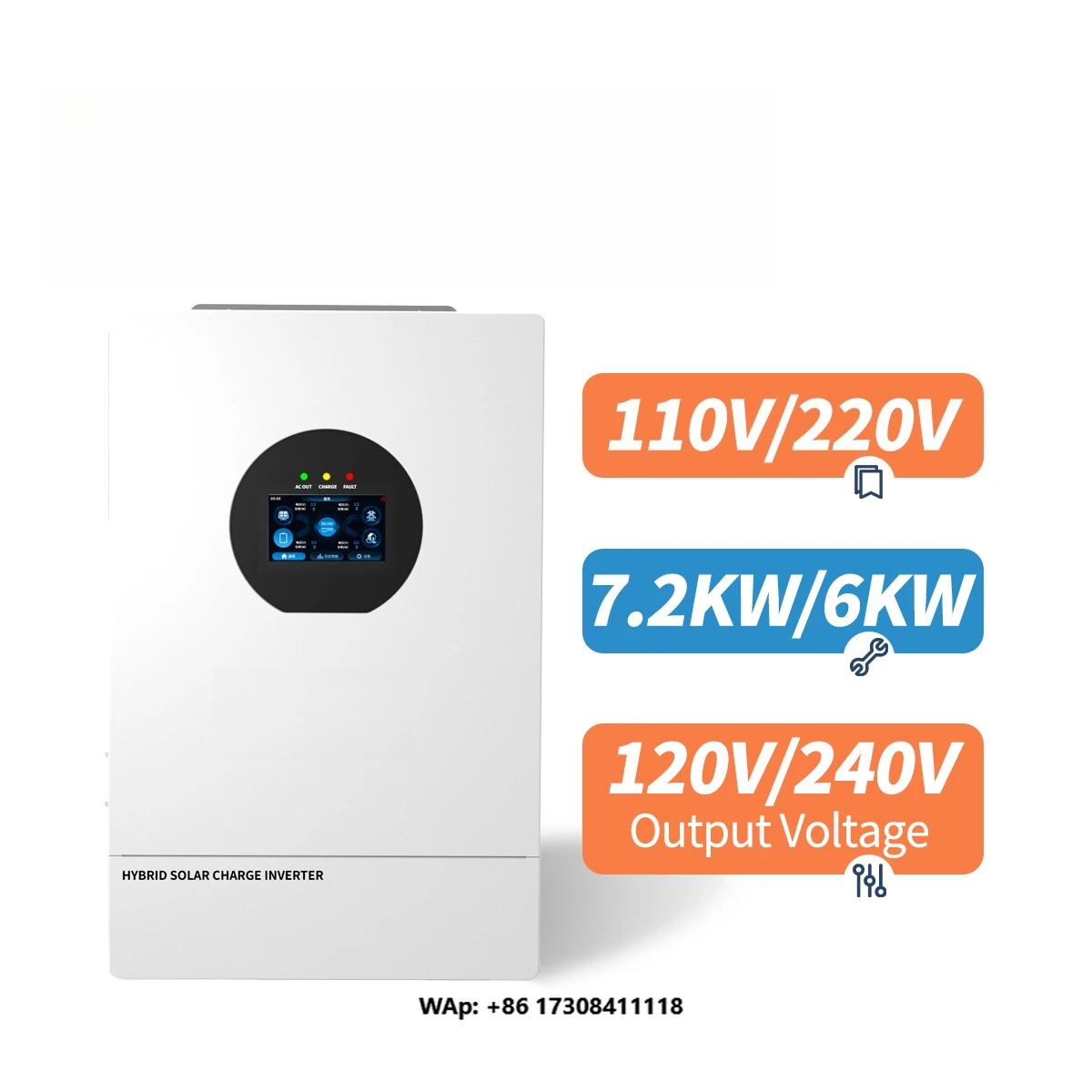 7200W Dual  Hybrid Solar Inverter 48V 110V 220V 120V 240V Split Phase Pure Sine Wave 120A UL1741 WiFi US Wall Mount