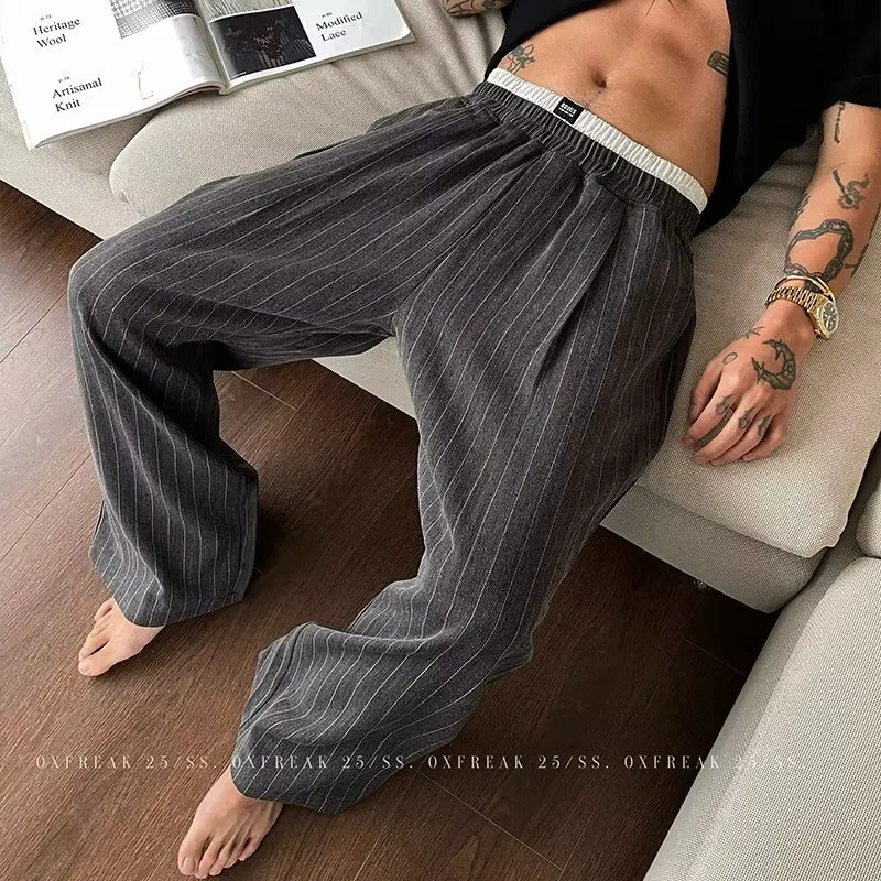 

American Retro Contrast Striped Casual Trousers for Men's Summer New Versatile Straight Loose Wide-leg Long Trousers Trendy