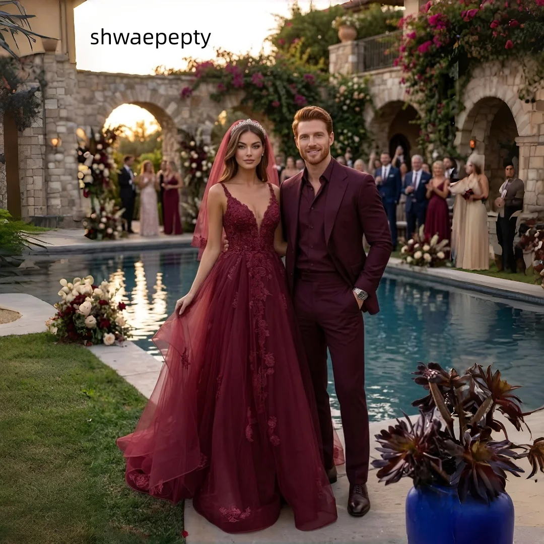 Deep V Neck Spaghetti Straps Wedding Dress Lace Applique A Line Floor Length Burgundy Bridal Gown With Veil Customized