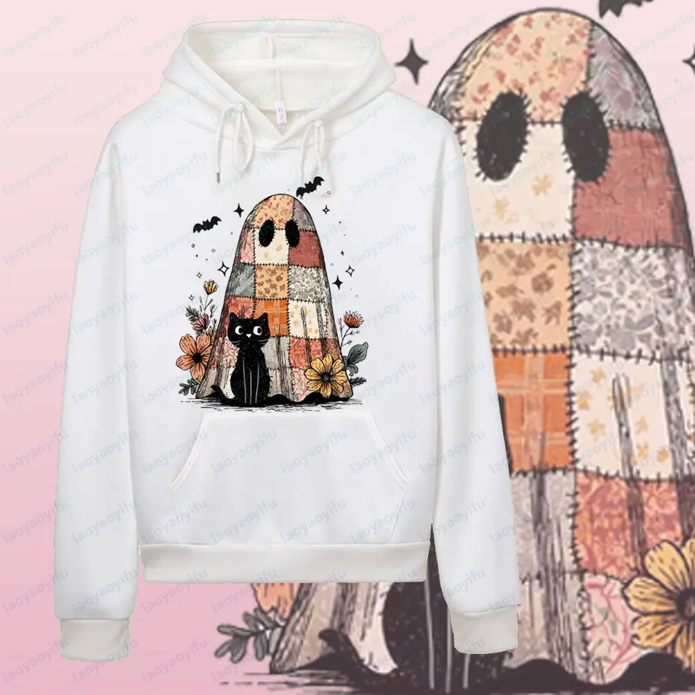 

Patchwork Halloween Ghost and Cat Retro Design Hoodies Spooky Floral Halloween Sweatshirt Fun Halloween Cute Black Cat Women Top