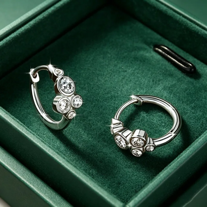 Lnngy Creolen-Ohrringe mit rundem Moissanit im Lünettenfassung für Damen, 14 Karat Gold gefüllt, fünf Steine, Kreis-Ohrringe, trendiges Schmuckgeschenk – Detail 5