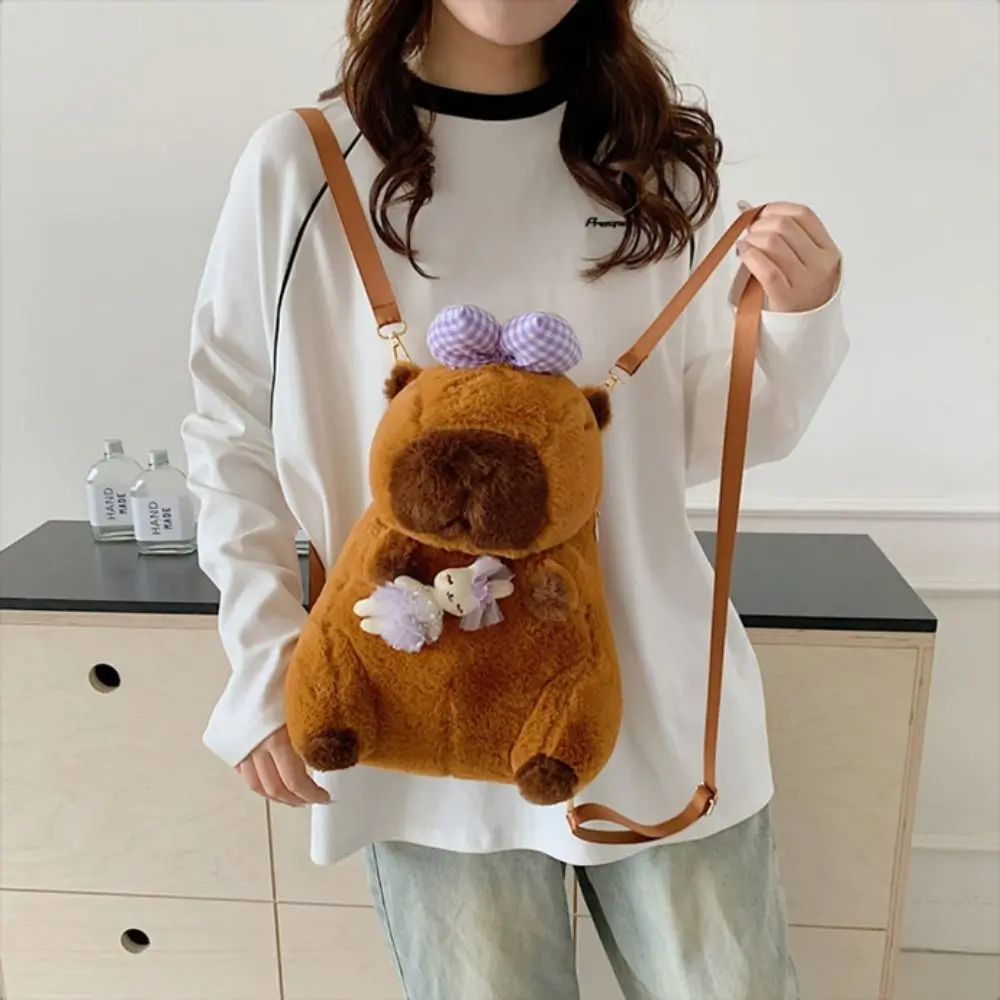 Sac à dos en peluche Lolita Capybara avec nœud papillon et fermeture éclair, sac à main en peluche, sac d'école initié, porte-monnaie, beurre d'animaux