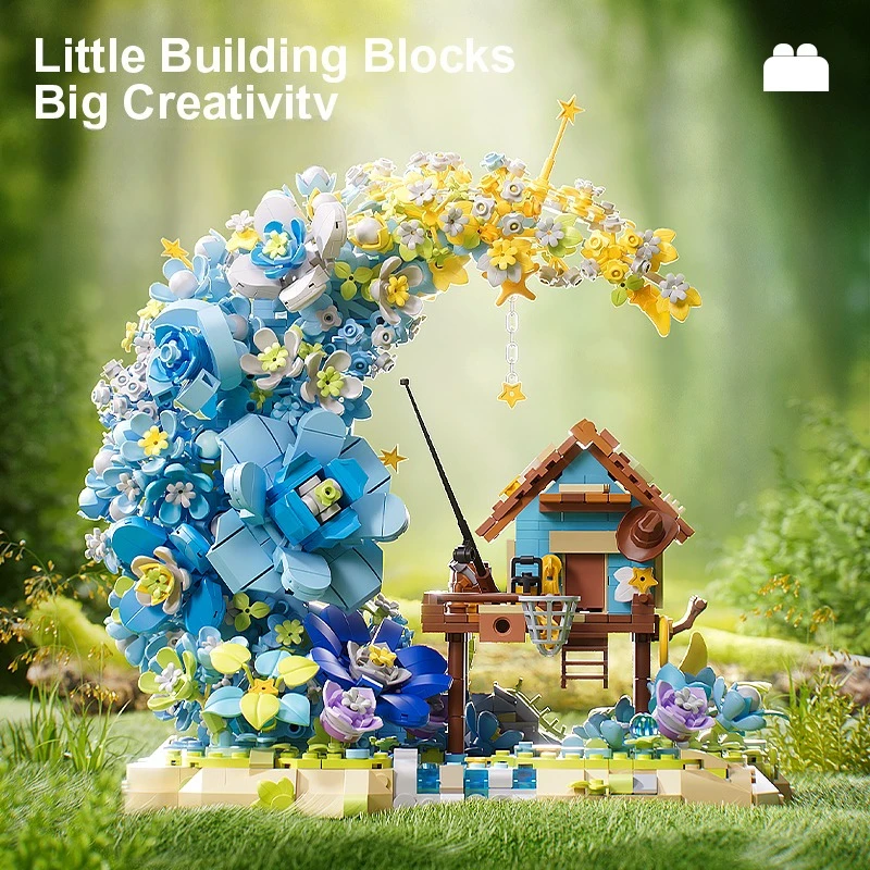 Moc conto de fadas lua casa de madeira blocos de construção conjunto com luz árvore floresta noite cabana brinquedos para crianças aniversário presentes especiais