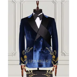 Navy Blue Velvet Groom Tuxedo Peaked Lapel Double Breasted Men Suit Prom Wedding Party Mens Suits Costume ( jacket+Pants)