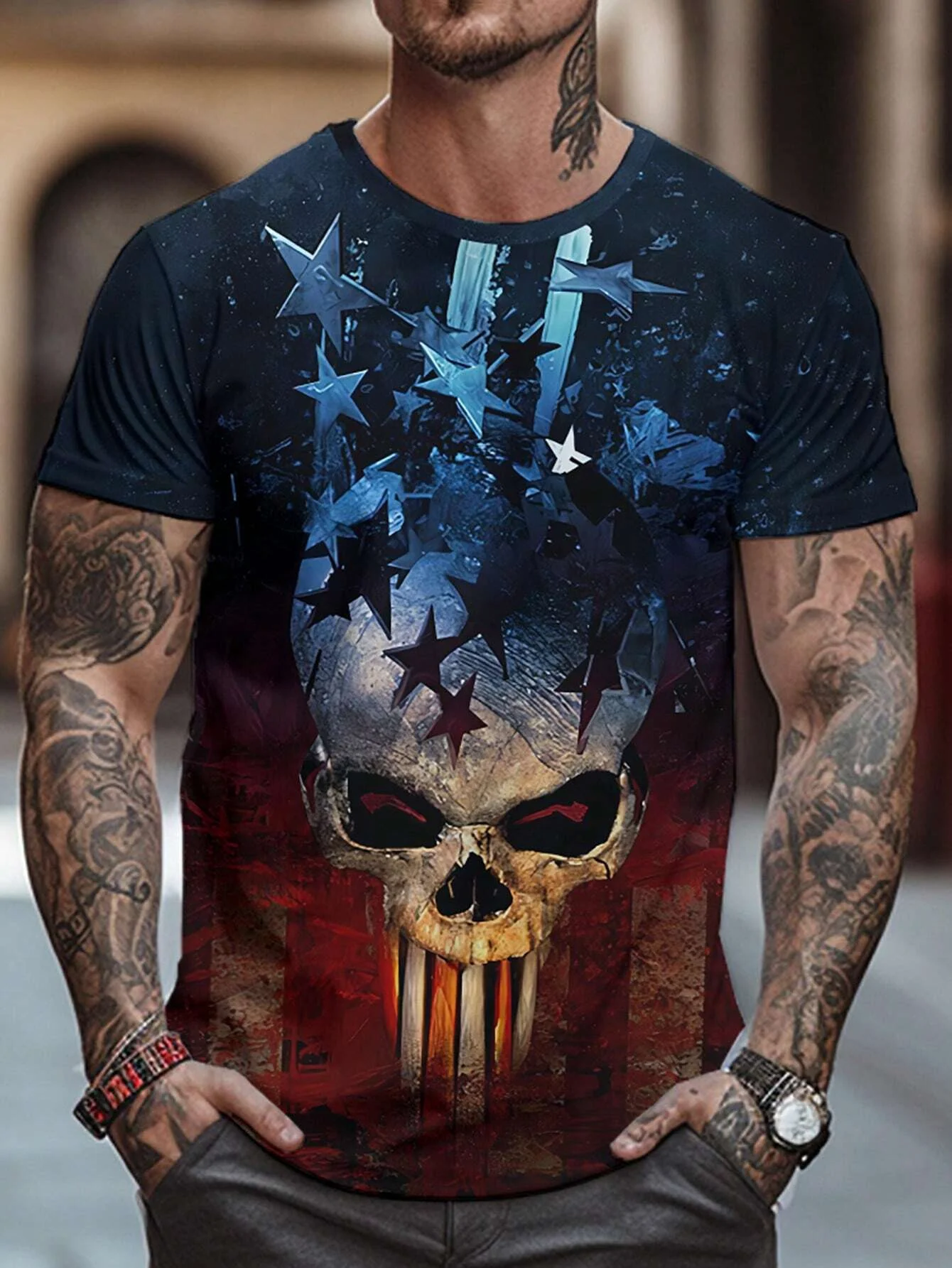 أزياء الرجال تي شيرت خمر الجمجمة تي شيرت مطبوع Harajuku الرعب قصيرة الأكمام المحملة القمم الترفيه س الرقبة الرجال تي شيرت غير رسمي