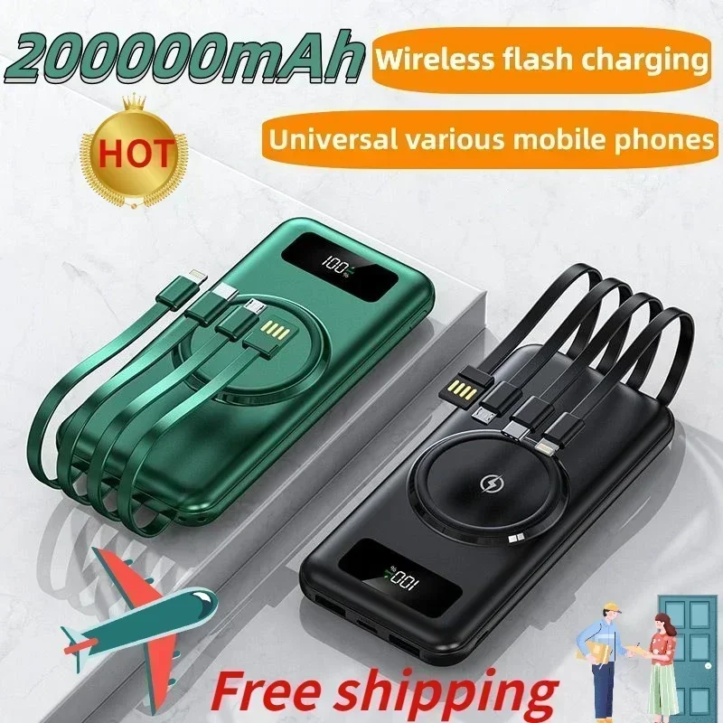 Power Bank 4-в-1 с 200000 Беспроводная зарядка Mah Ultra Fast Charging с 4-проводным мобильным внешним зарядным устройством для iPhone