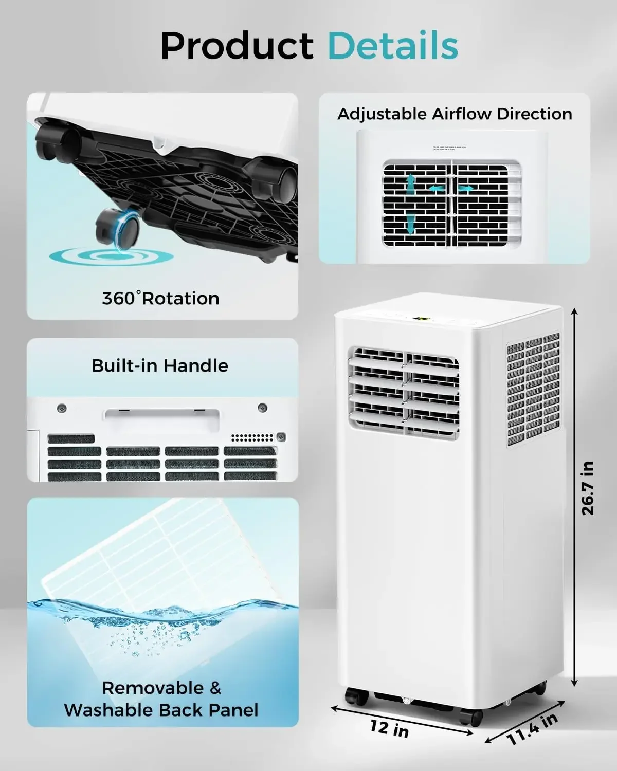 مكيفات هواء محمولة بقدرة 8000 وحدة حرارية بريطانية - تبريد 350 قدم مربع. وحدات تيار متردد محمولة 3 في 1 للغرف مع جهاز تحكم عن بعد ووضع النوم ومؤقت 24 ساعة