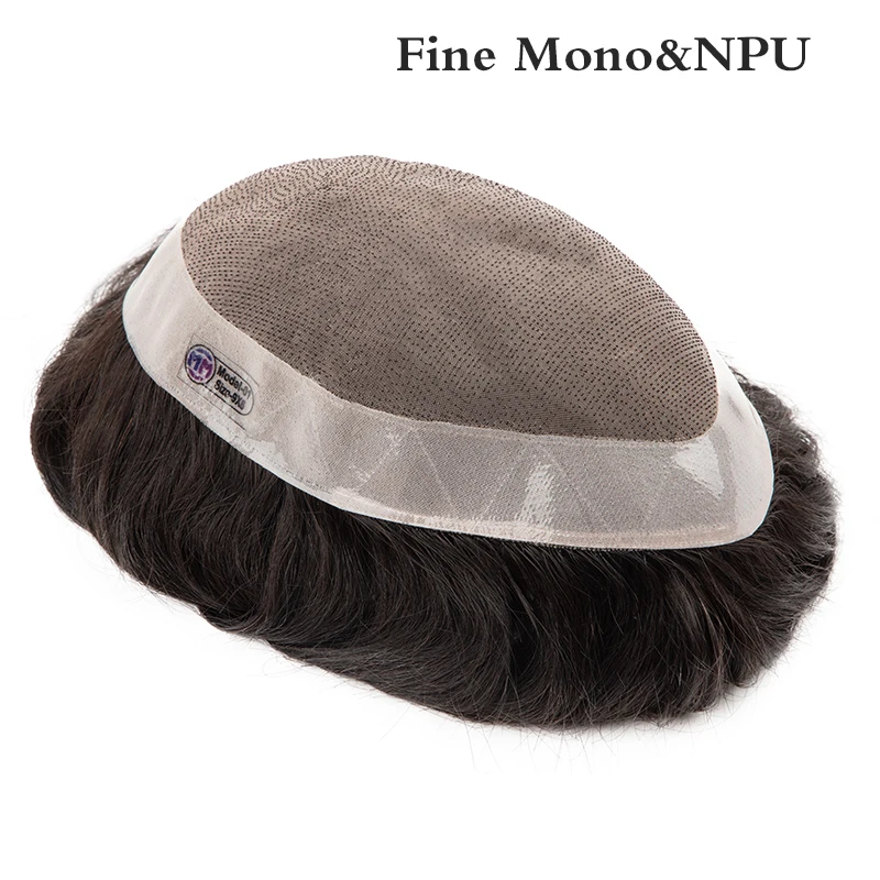 Fine Mono NPU Men's Capillary Prosthesis Durable Male Indian Hair Replacement Systems Natural Hair Men Toupee Wigs Straight&Wave