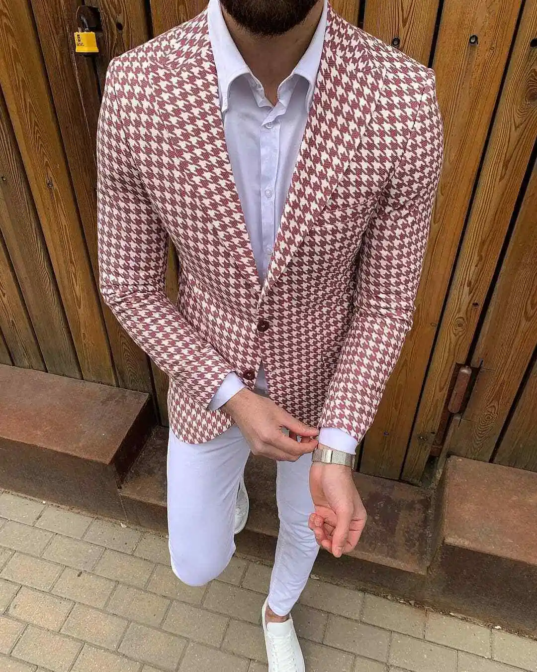 Men\'s Houndstooth Woolen Blazer Jacket Peak Lapel Collar Suit Coat Slim Fit Male Casual Business Men\'s Jacket For Spring Winter