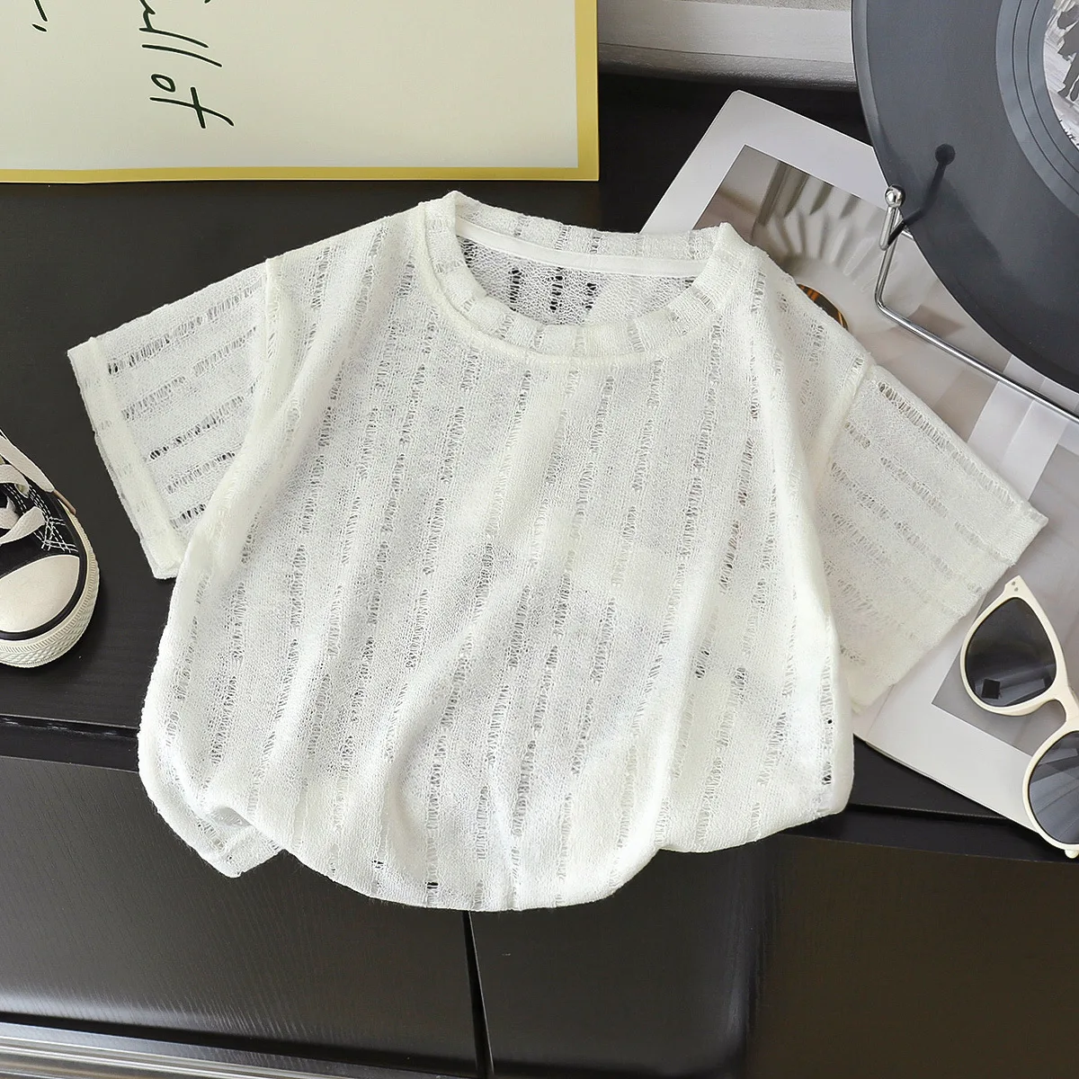 Children's summer new short-sleeved tops boys' thin breathable Korean short-sleeve casual hollow knit kids' T-shirts