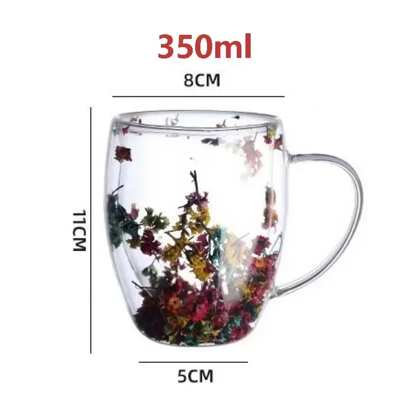 Floral Dry Flowers Cup Double-wall Milk Coffee Glass Cups High Borosilicate Heat Resistant Tea Coffee Mug for Christmas Gift