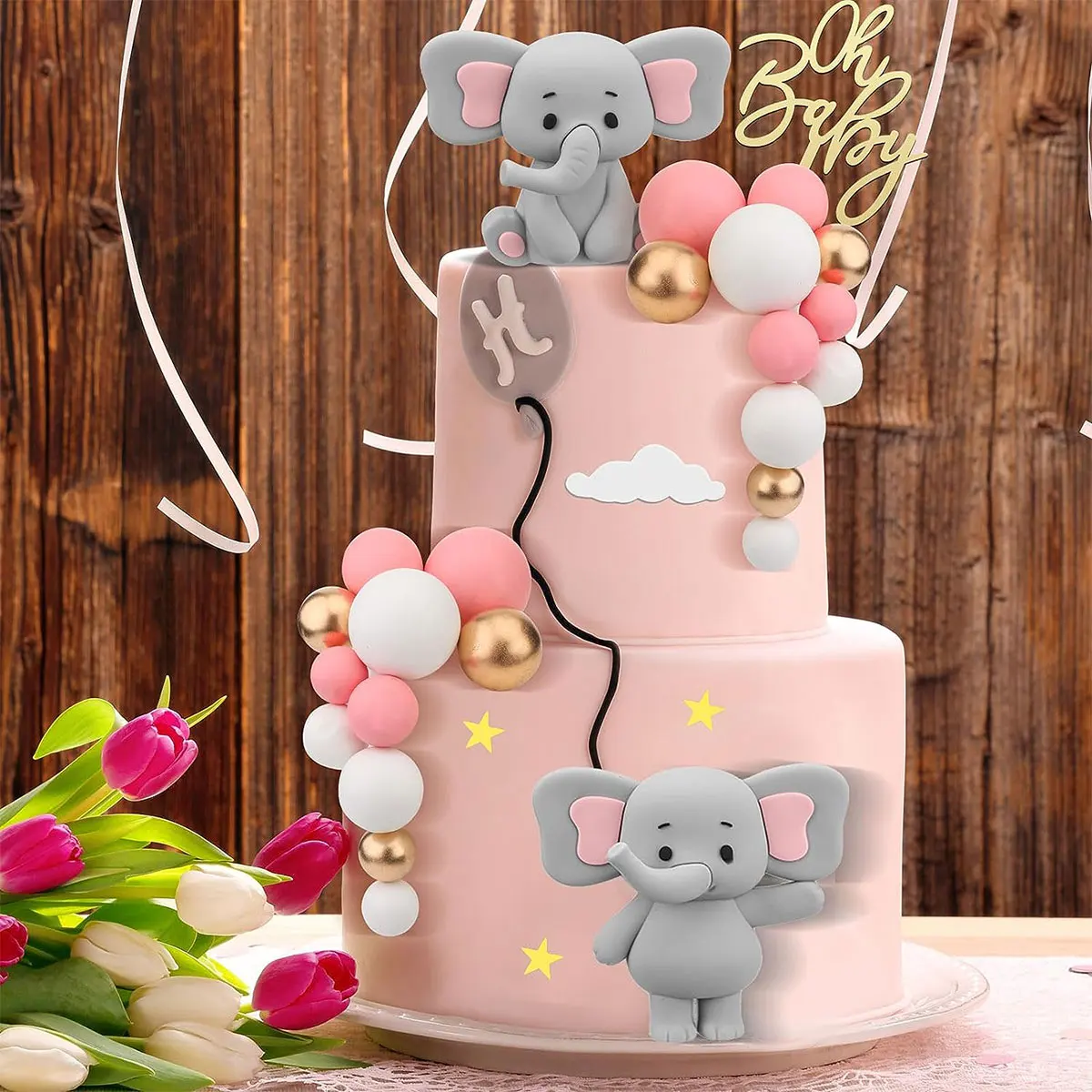 35pcs Pink Elephant Cake Toppers Mini Cake Decorations Cupcake Toppers Pink White Pearl Ball for Girl Baby Shower Birthday