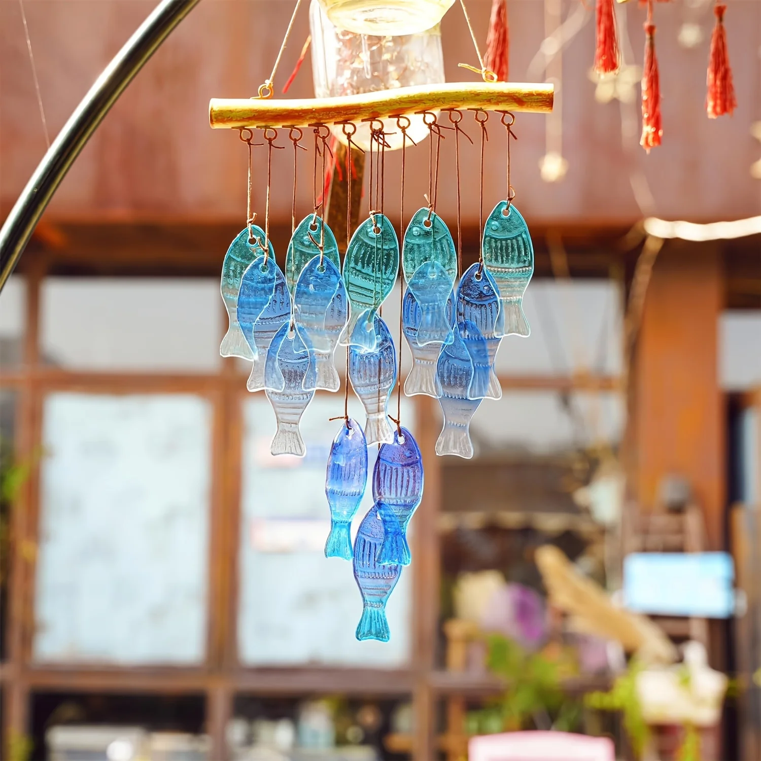 Blue glass sea wind chimes, outdoor glass wind chimes, handcrafted fish wind chimes, large glass wind chimes, beach parties, wed view 6