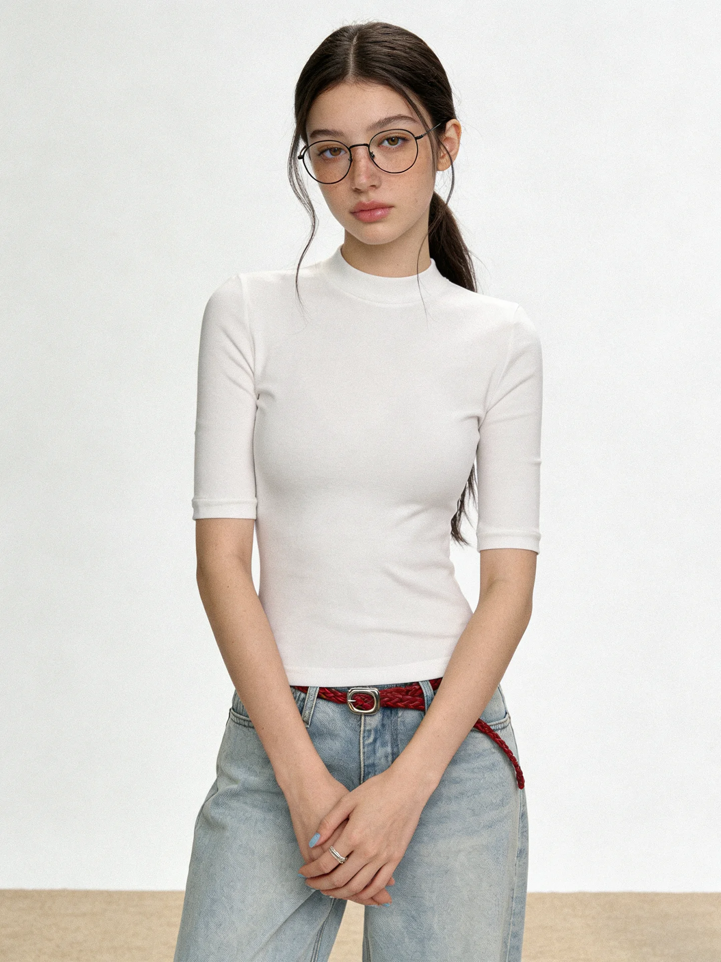 

Женская приталенная футболка JYOOK с воротником-стойкой, весенняя, с рукавом до локтя, стандартной длины, подчеркивающая фигуру, базовая модель