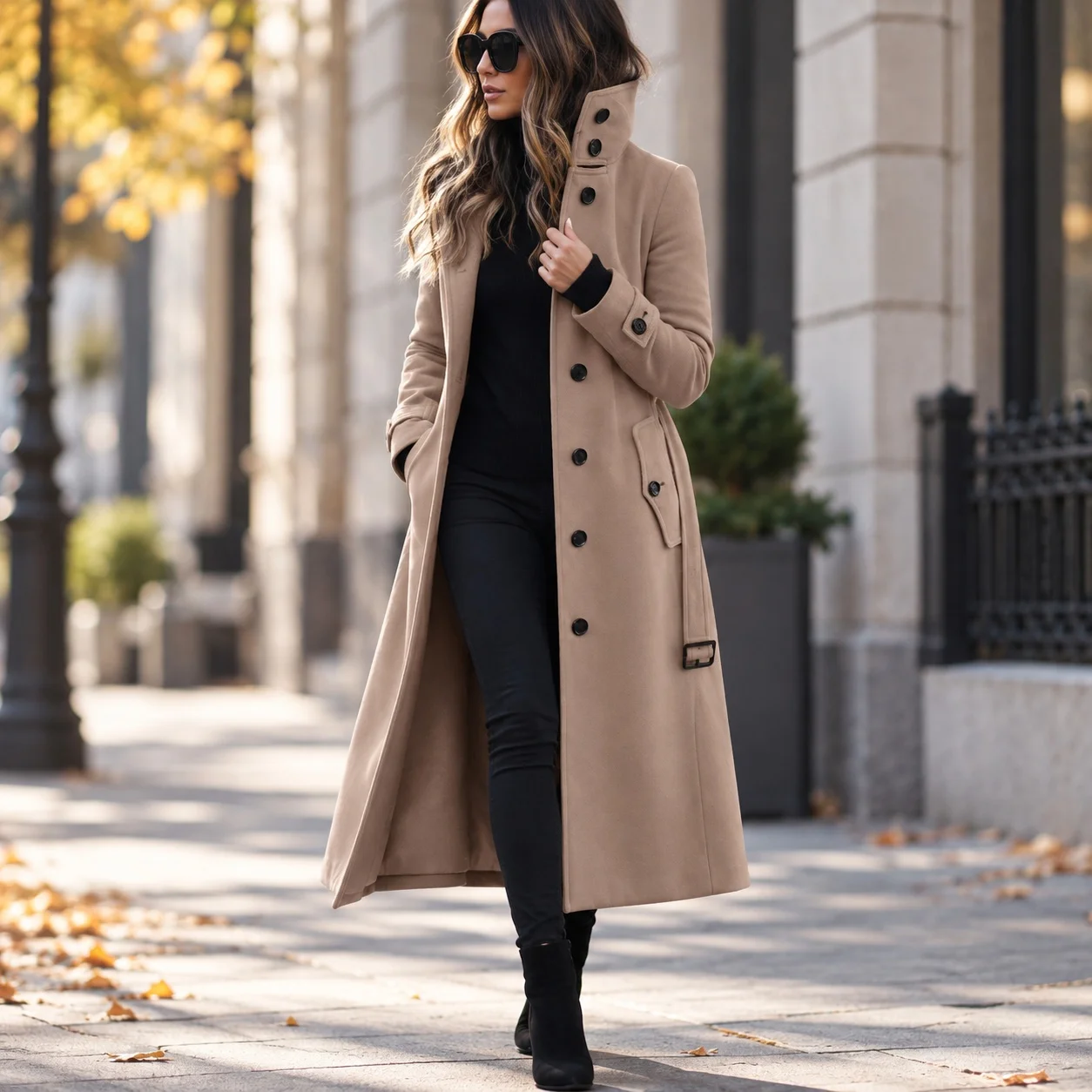 Long Length Coat with Pockets Straight Cut Casual Women Coat Winter Commuter Style Long Sleeve Single Breasted Multi Button