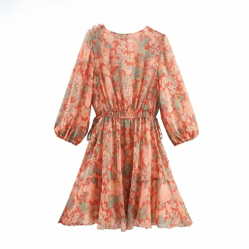 ファッショナブルな花柄プリント、ボタンアップ、Vネック、ランタンスリーブ、ショート丈、ウエストシェイプ、レディース、2025年秋新作、Aラインワンピース