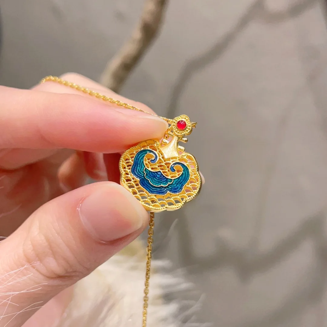 Classical auspicious cloud pendant necklace light luxury palace style enamel blue Ruyi Lock pendant collar chain wedding jewelry