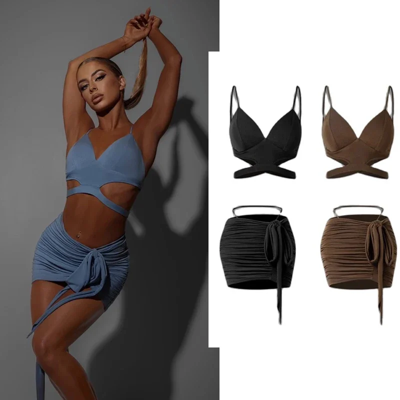 Samba Rumba Latin Dance Costume Sexy Cross Strap Latin Top Short Skirt For Women Latin Dance Competition Wear Adults Chacha