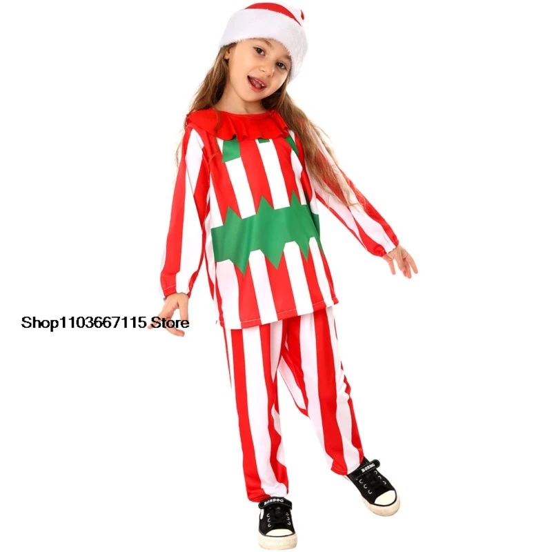 Boys Girls Christmas Stripe Cosplay Costume Top Pants Hat Xmas set  Kids Xmas New Year Party Performance Outfits