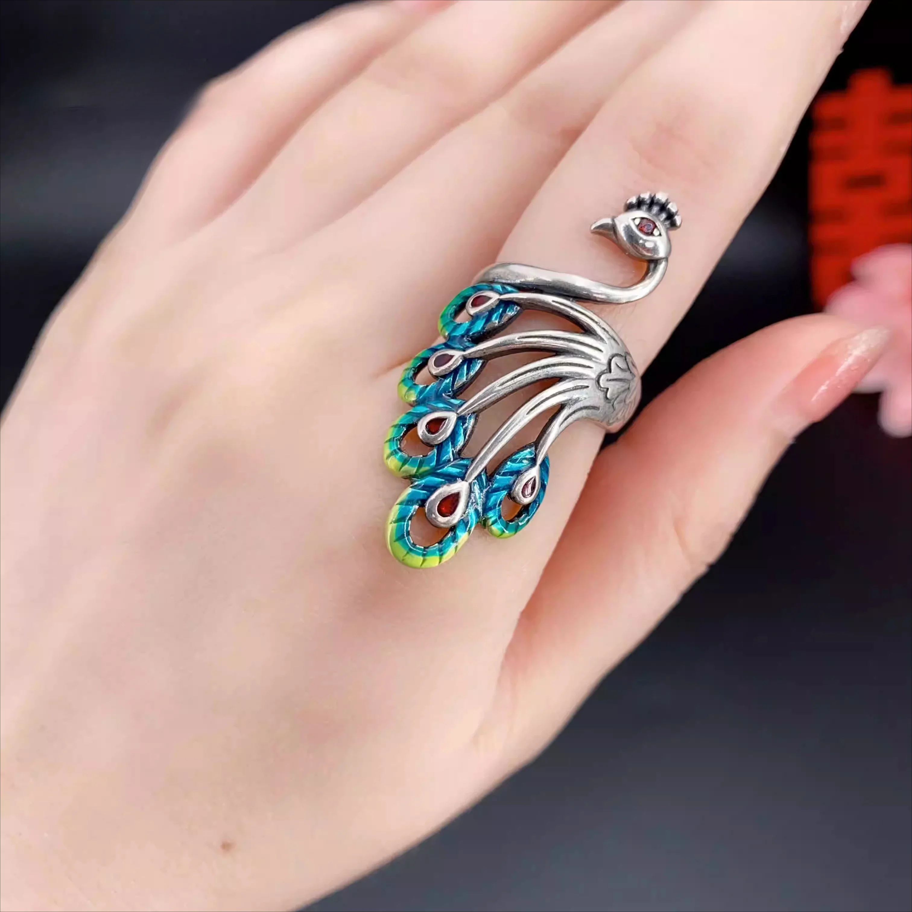 S925 silver, phoenix ring, phoenix tail burnt blue craft handmade ring
