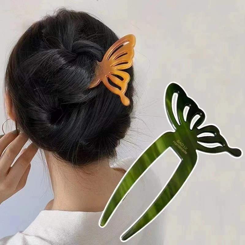 Elegant Acetic Acid Butterfly U-Shaped Hair Sticks Bun Hairpins for Women Girls Hair Forks HairStyling Hair Accessories Headwear