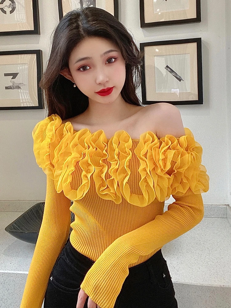 

Сексуальный пуловер с открытыми плечами и рюшами, трикотаж, стильный съедобный деревянный гриб, модный универсальный облегающий свитер, весенний базовый слой