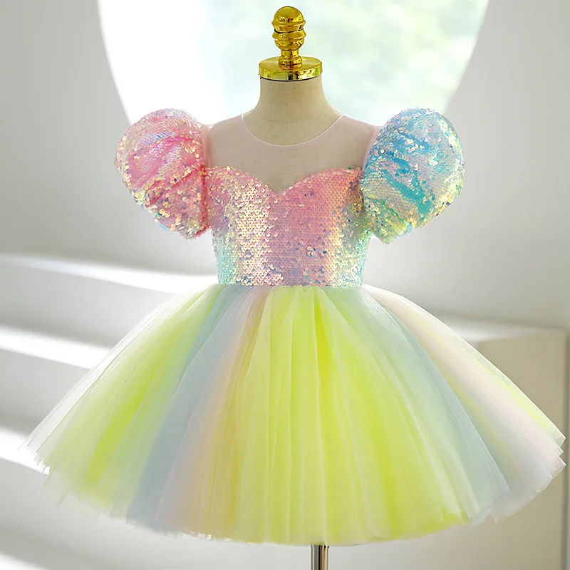 

2024 summer Girl sequined dress birthday princess dress high-end children runway show little host girl playing piano fluffy veil