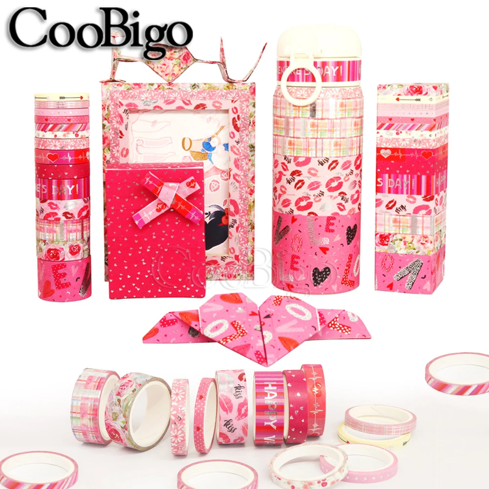 Pink Valentine Washi Tape Set Adhesive Masking Sticker for Decor Scrapbook Diary Note Book School Stationery Supply 14 Rolls/Lot