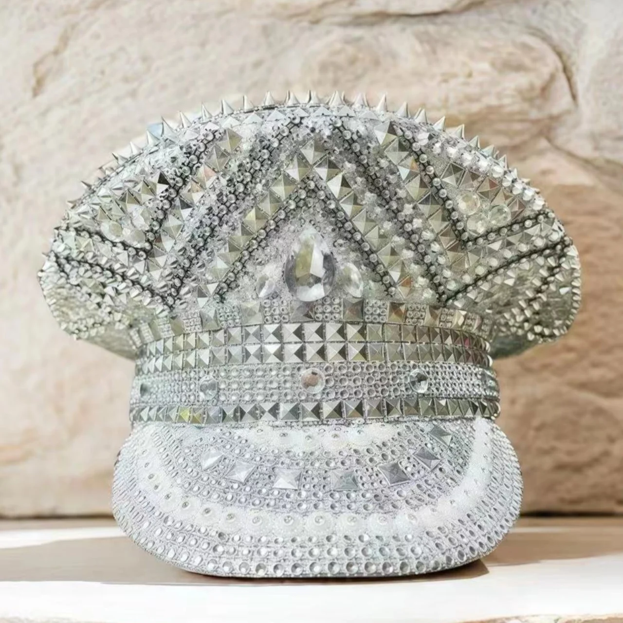 Beige Luxury Festival Captain Hat Unisex Adult Masquerade Military Cap Rhinestone Steampunk Sergeant Hat Music Festival Cosplay