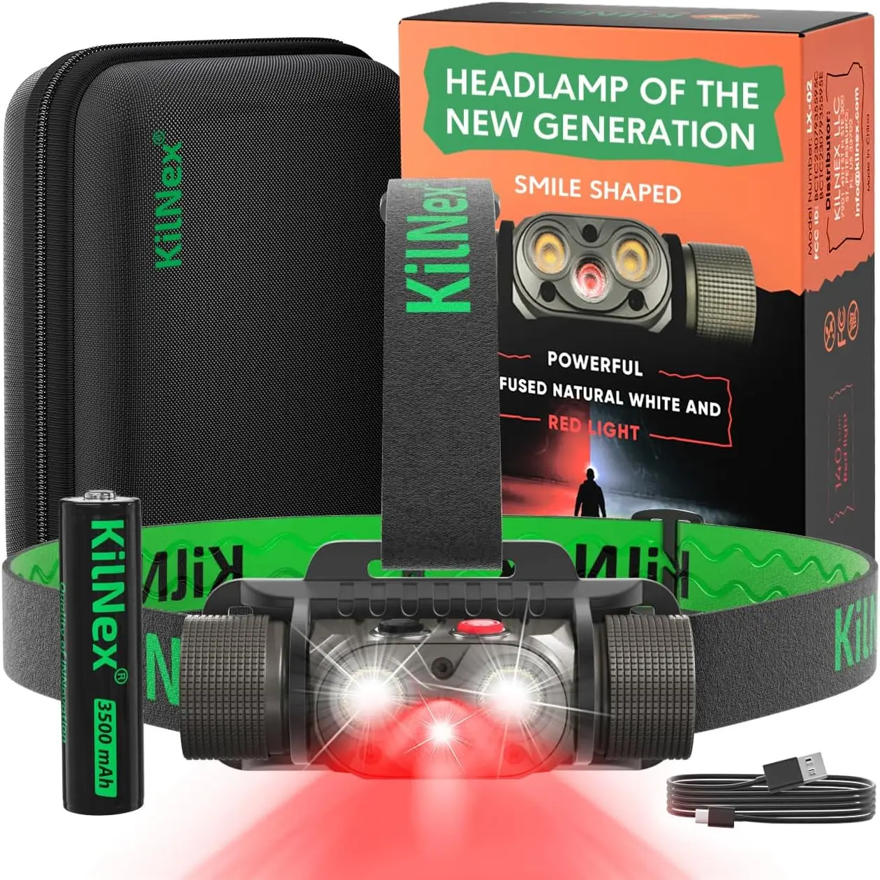 

Налобный фонарь 1100 люмен с белым и красным светодиодами, USB-C зарядкой, водонепроницаемый IPX8 для охоты, кемпинга, рыбалки