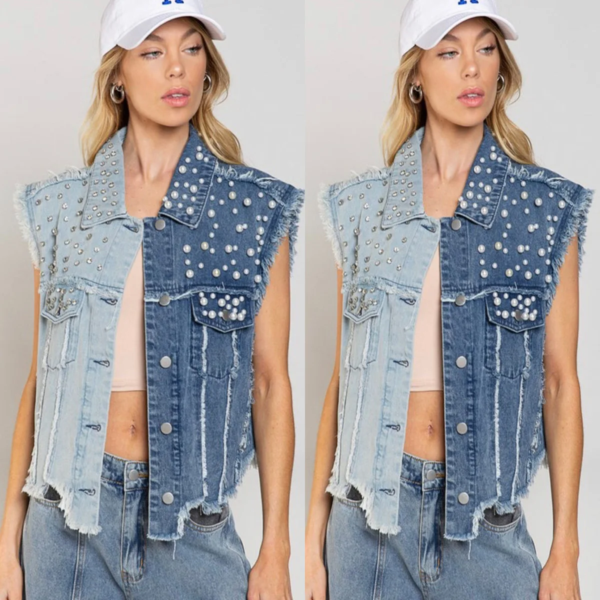 Waistcoat Women Streetwear Denim Vest Diamonds Embroidered Flares Tops Washed Turn Down Collar Single Breasted Sleeveless Jacket