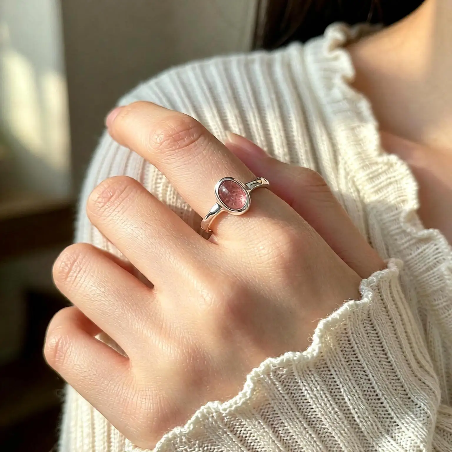 Sweet 925 Sterling Silver Oval Strawberry Quartz Open Adjustable Rings For Women Girls Engagement Party Fashion Jewelry Gifts