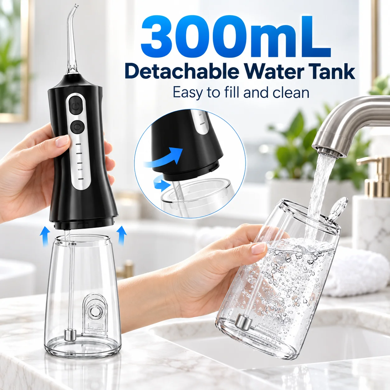 Zahnreinigungsgerät, Munddusche, Wasserflosser, Zahnseide, Mundspülgerät, 4 Düsen, 4 Modi, USB-aufladbar, 300 ml Tank – Detail 7