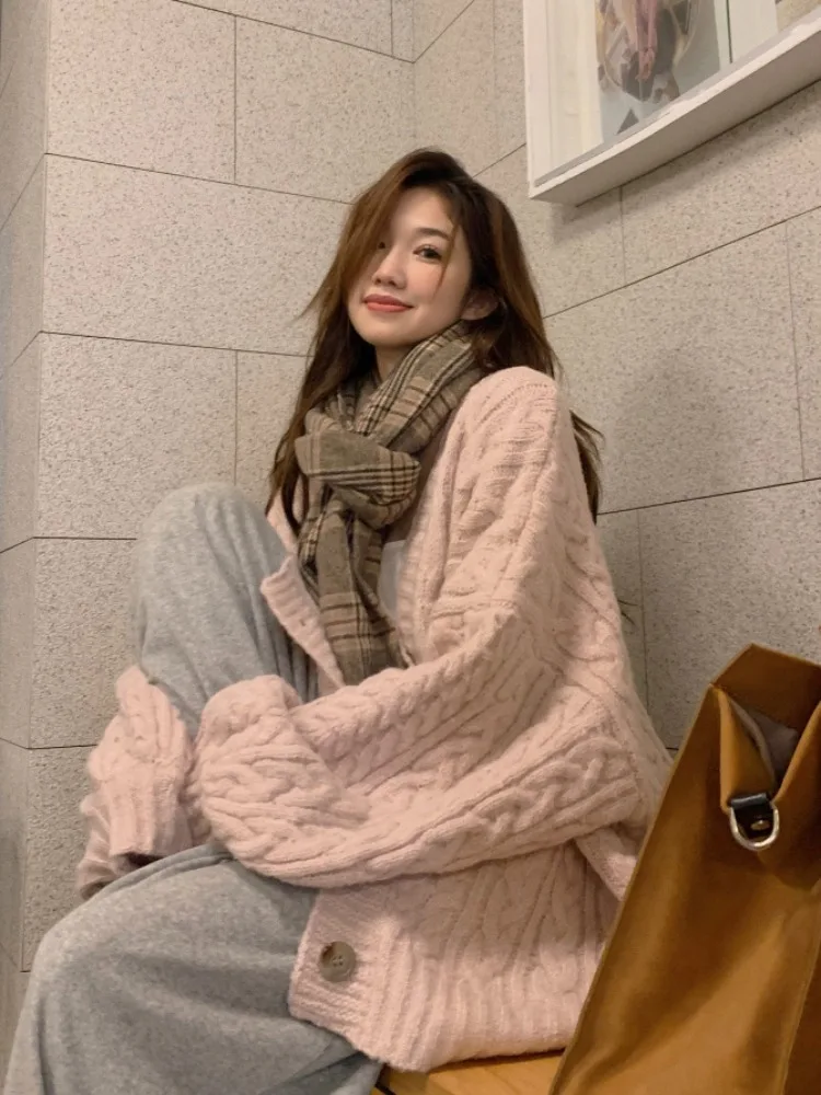 

Розовый вязаный свитер, пальто, женская свободная зимняя верхняя одежда средней длины, милый кардиган V-Ne Long Sve Thiened