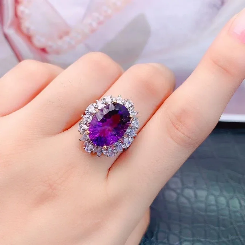 

10*14mm VVS Grade Natural Amethyst Ring 925 Silver Amethyst Jewelry with 3 Layers 18K Gold Plating Dazzling Crystal Silver Ring