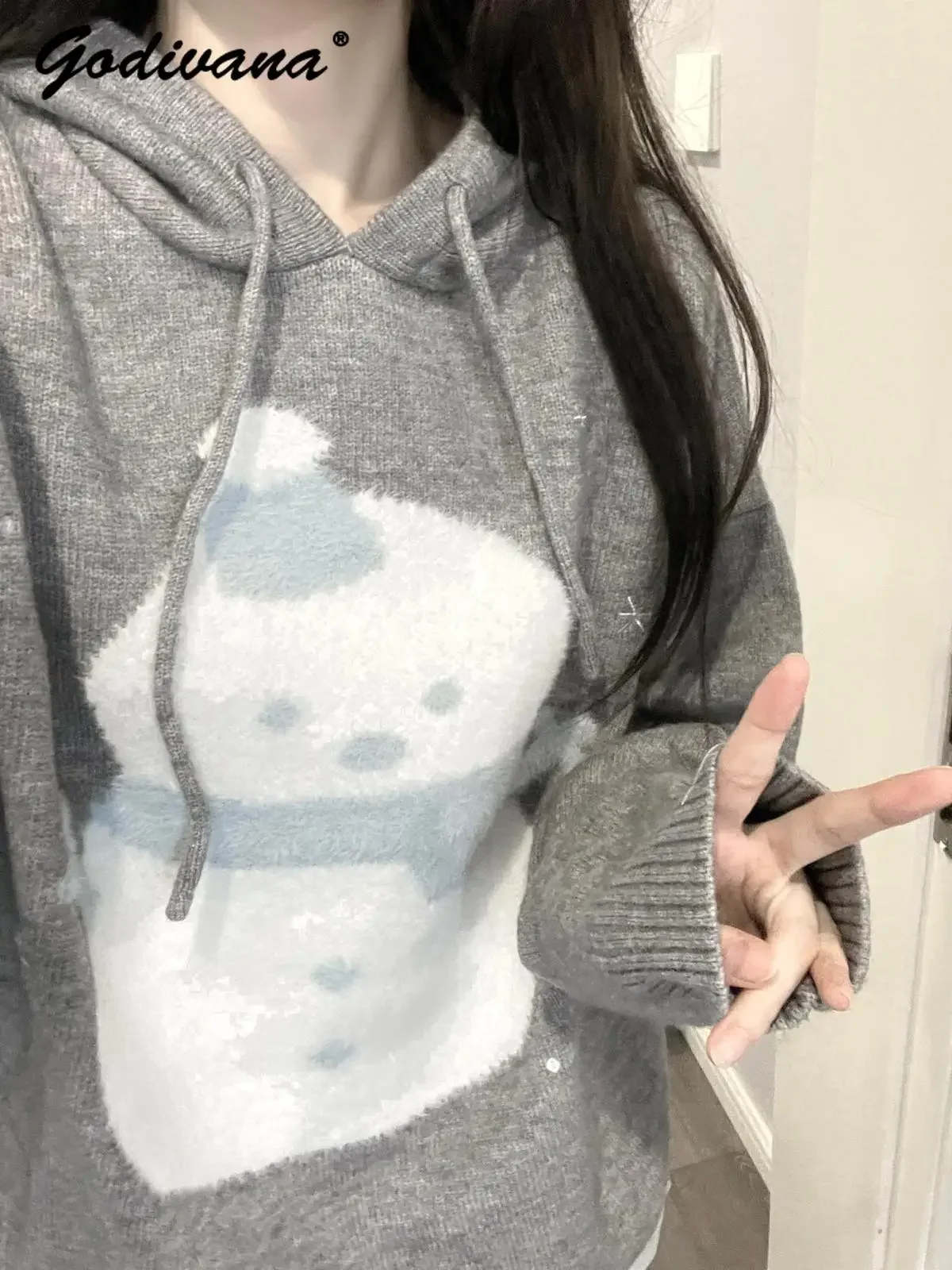 女性用グレーのスノーマンセーター、女の子用フード付きルーズ長袖プルオーバー、ニットトップ、ニットウェア、かわいい、新しい、y2k、秋冬