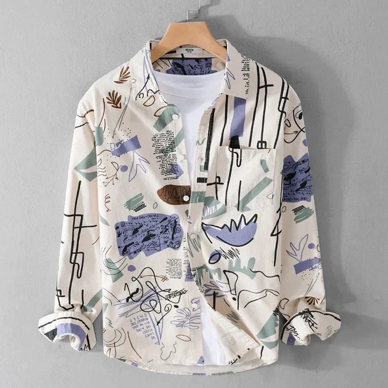 

Korean Fashion Men Long Sleeve Printed Shirt Streetwear Funny Shirts Lapel 100%Cotton Button Up Shirt Youth Personality Clothing