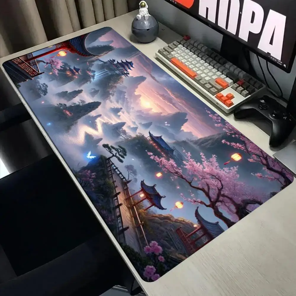 Chinese Ancient Pavilion Cherry Blossom Night Landscape Large MousePad Oriental Retro Scenery NonSlip Rubber Gaming XXL Desk Mat